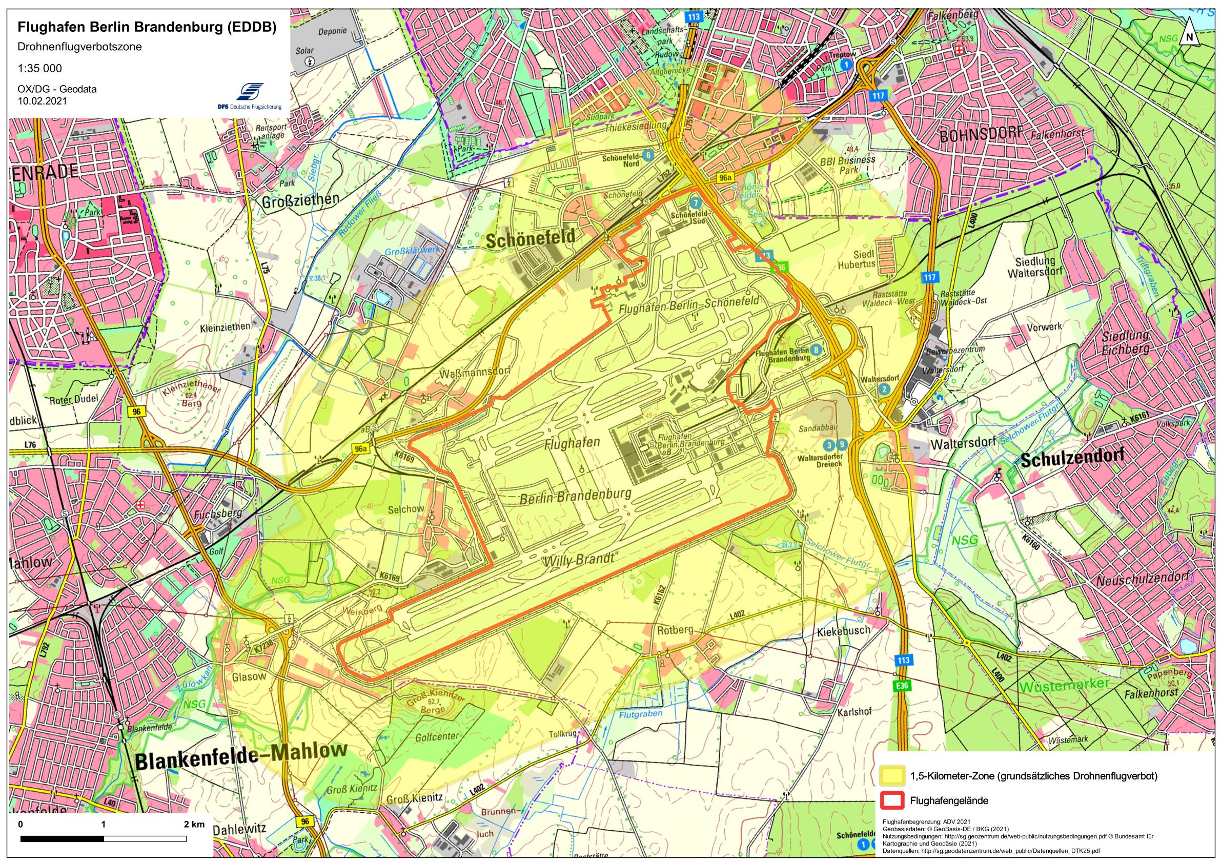 Karte der Drohnenverbotszonen an den internationalen deutschen Verkehrsflughäfen am Beispiel des Flughafens Berlin-Brandenburg