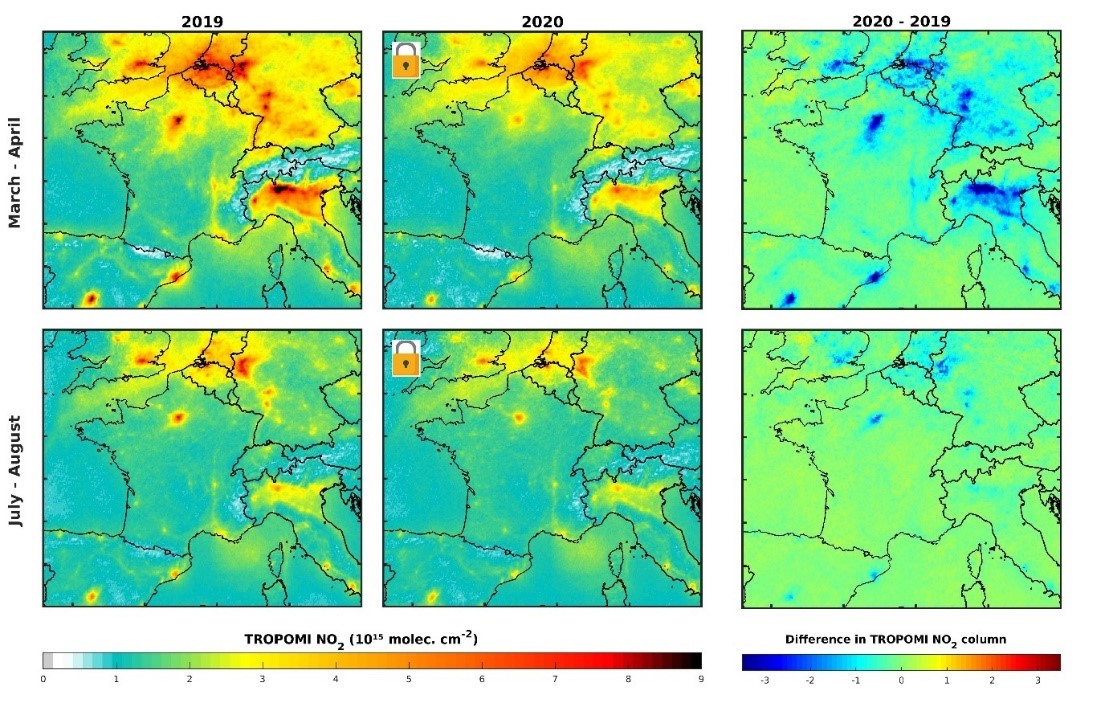 Karte: Stickstoffdioxid-Konzentrationen über Europa vor und während des Covid-19-Lockdowns