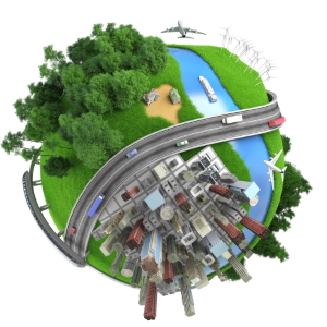 Icon zum Thema "Übergreifende Querschnittsaufgaben": Dreidimensionale Darstellung einer miniaturisierten Weltkugel mit verschiedenen Verkehrsträgern, Städten, Wäldern und Gebieten