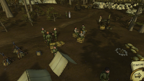 All Quiet in the Trenches Screenshot; ein Feldlager mit Zelten, Kisten und Soldaten