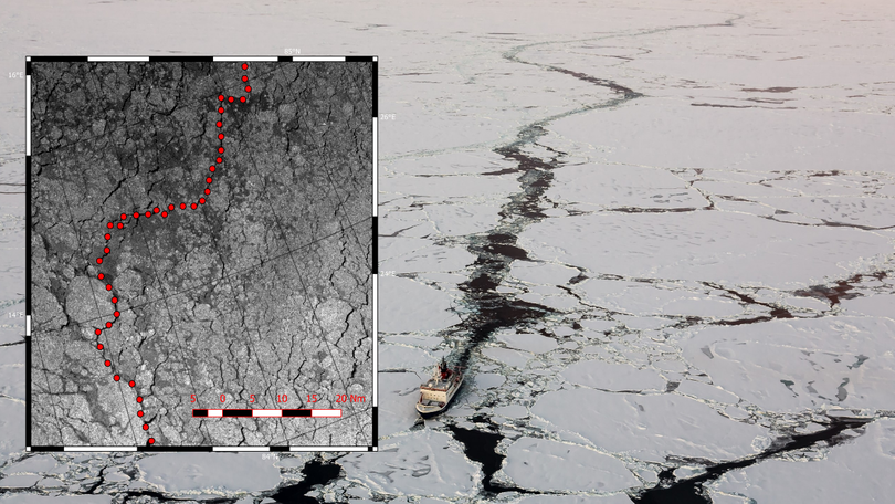 Das Forschungsschiff Polarstern in der zentralen Arktis (Photo: Stefan Hendricks) und ein Sentinel-1 Satelliten Radarbild (Copyright Copernicus Data) mit einer möglichen Route durch das Eis.