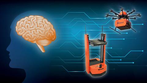 Drohne mit Menschenkopf und Abbildung von Gehirn