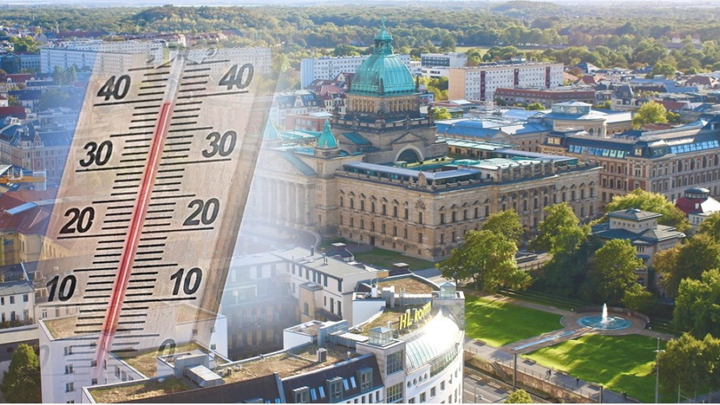 Thermometer mit Hintergrund Stadtbild Leipzig