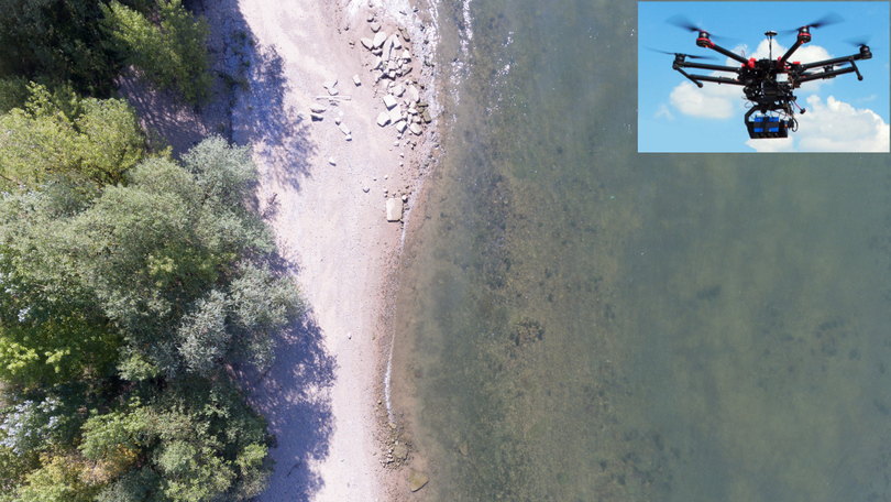 Projektillustration: mDRONES4rivers (Quelle: Uferabschnitt: BfG, Drohne: GEOCOPTIX)