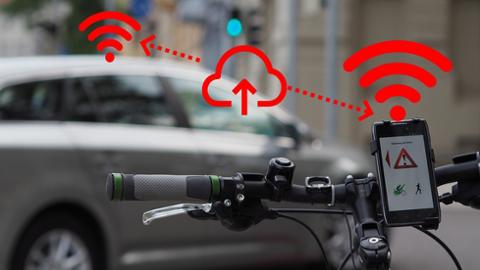 Anwendungsbeispiel von MobiCell – Warnmeldung an Radfahrer vor abbiegendem Fahrzeug per Smartphone, V2X und Cloud 