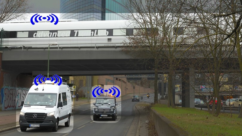 Auf einer Straße fahren ein Kleintransporter und ein Auto, darüber fährt ein Zug über eine Brücke. Alle Fahrzeuge werden optisch hervorgehoben und sind mit einem Funk-Symbol versehen.