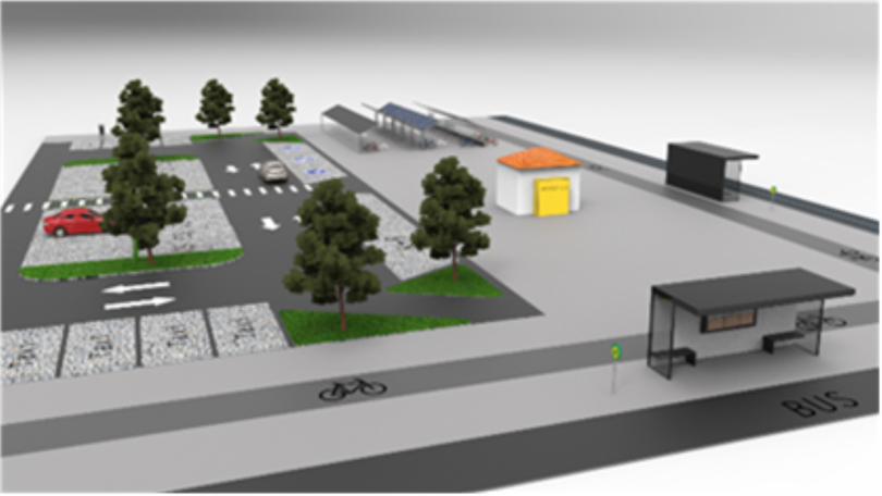 Visualisierung eines Park and Ride-Parkplatzes an einem Knotenpunkt des öffentlichen Personennahverkehrs