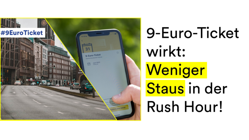 Auf der linken Seite ist eine Collage aus einer Straßenansicht mit wenig Verkehr und einem Smartphone zu sehen. Auf dem Smartphone wird ein 9-Euro-Ticket angezeigt. Am rechten Rand des Bildes steht: „9-Euro-Ticket wirkt: Weniger Staus in der Rush Hour!“