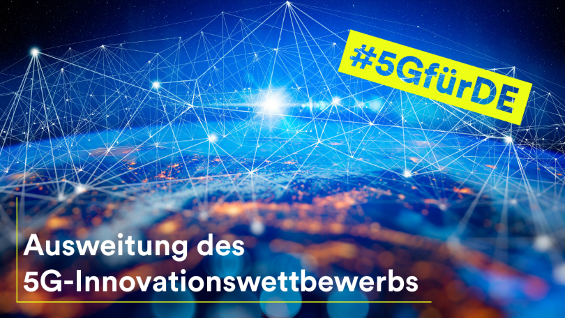 Illustration mehrerer vernetzter Lichtpunkte mit dem Schriftzug "Ausweitung des 5G-Innovationswettbewerbs"