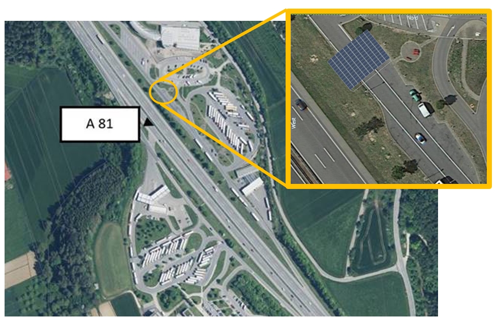 Luftbild und Lageplan zur Konzeptstudie: Solardach über der Autobahn