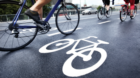 Mehrere Fahrräder fahren auf einem gekennzeichneten Radweg