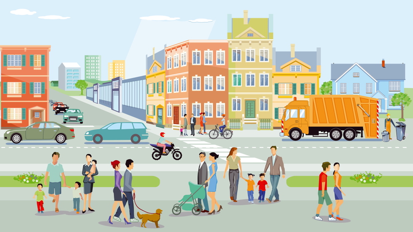 Illustration: Stadt mit Fußgängern und Verkehr